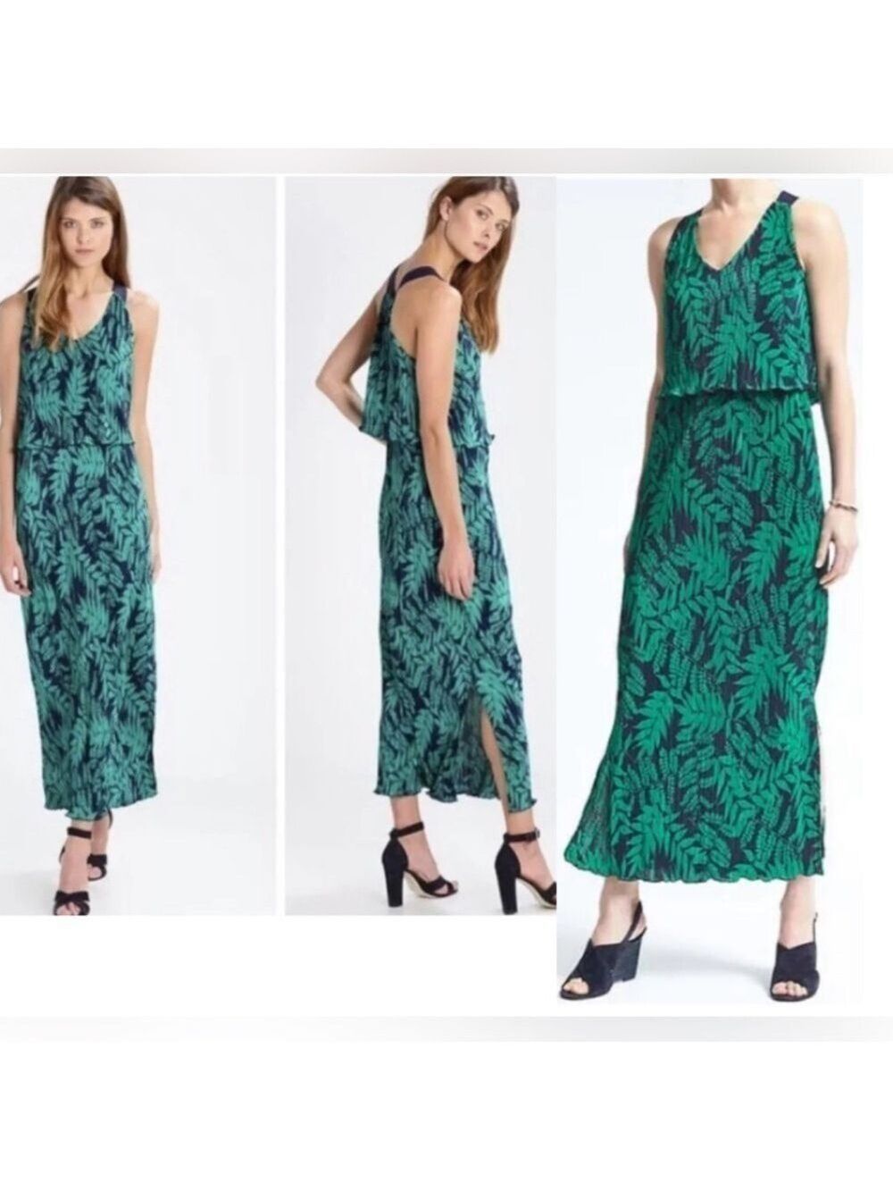 Banana Republic green navy blue Fern Print Layered Pleat Maxi Dress Sz M NWOT